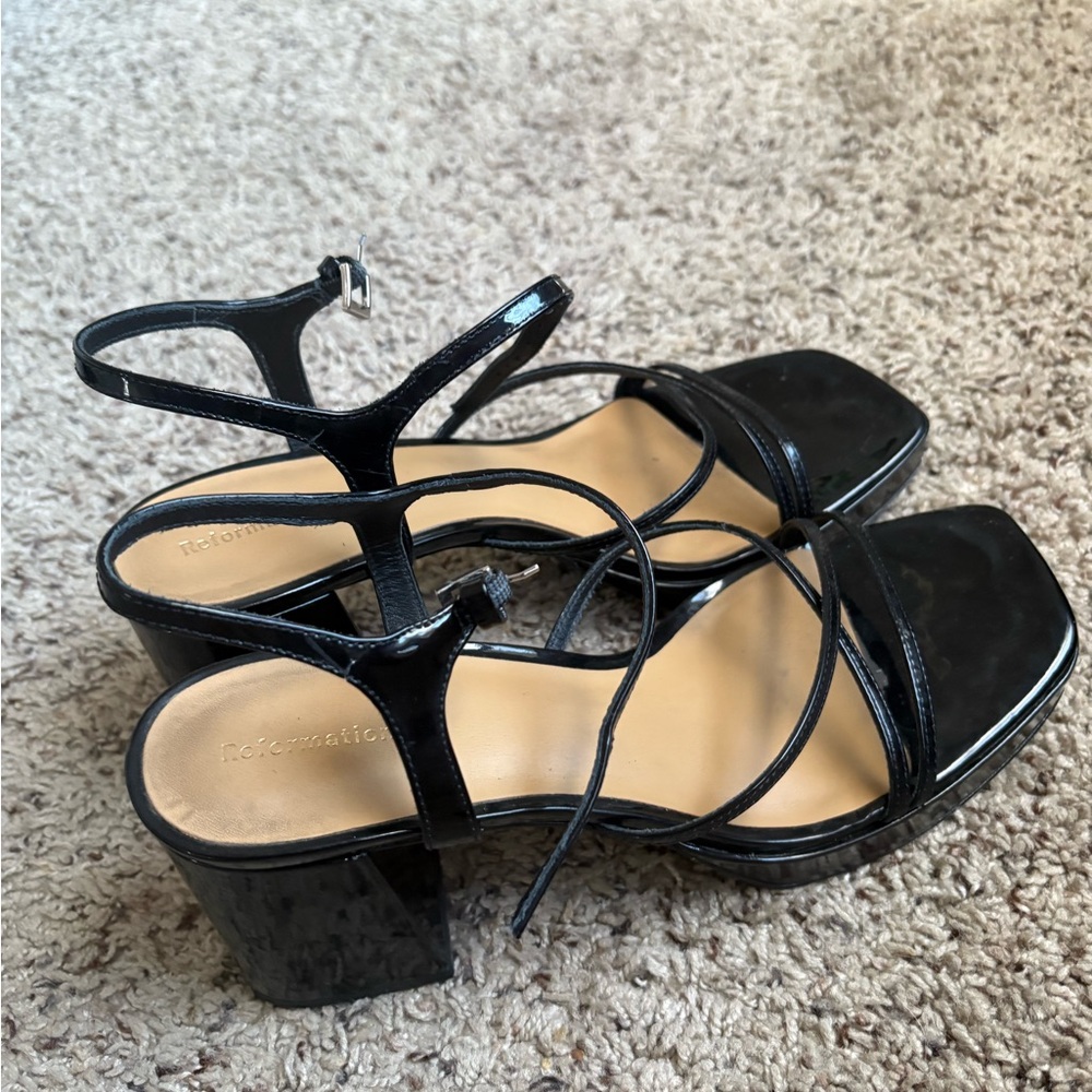 Reformation Black Patent Strappy Heels